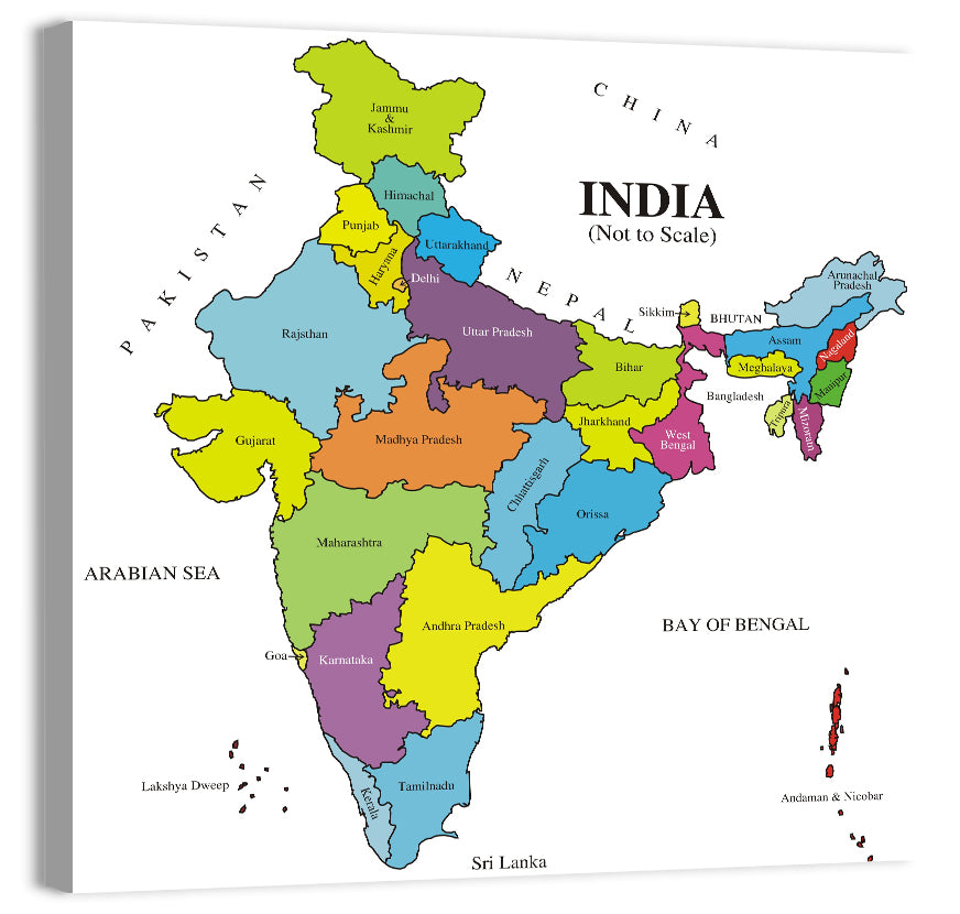 Colorful Political Map of India Wall Art, canvas print, square