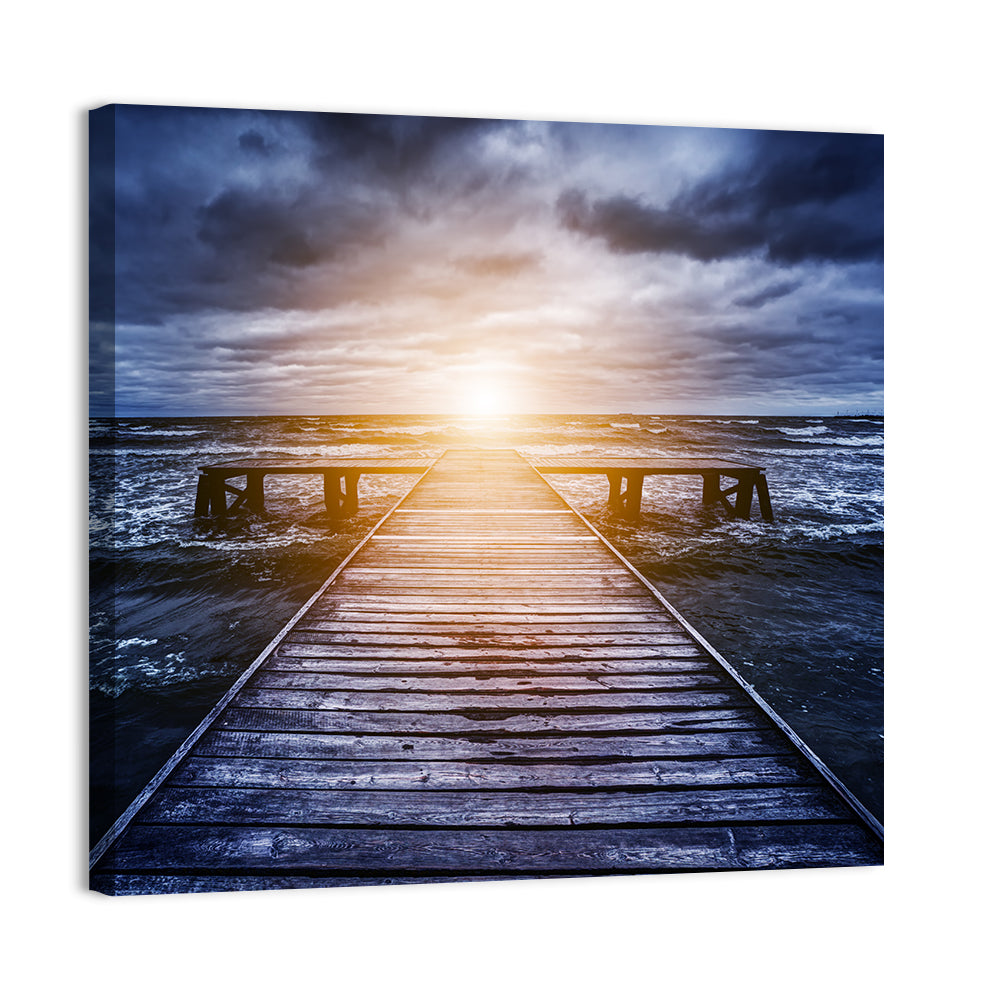 Sunlit Wooden Jetty at Dusk Wall Art