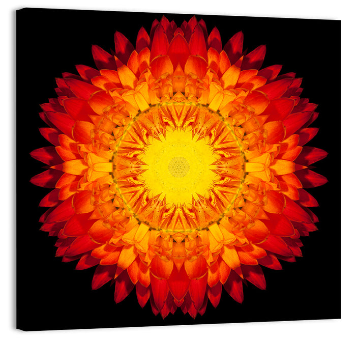 Radiant Red Kaleidoscopic Mandala Flower Wall Art as a canvas print