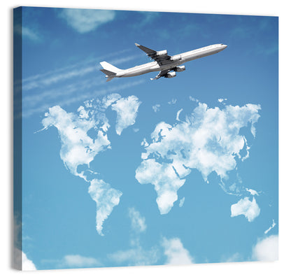 Jet Over Cloud World Map Wall Art