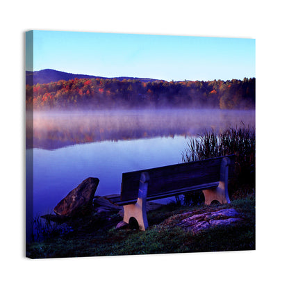 Bench at Misty Lake Sunrise Wall Art