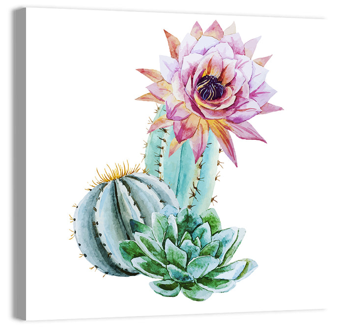 Blooming Cactus Watercolor Wall Art as a canvas print