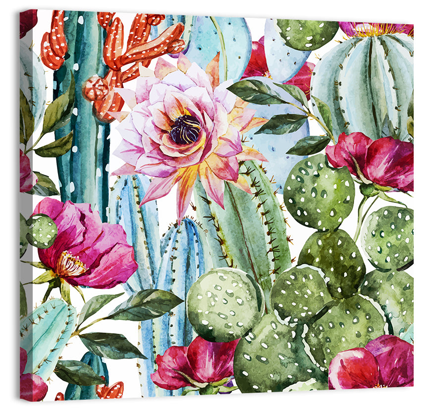 Watercolor Cactus Pattern Wall Art, canvas print, square