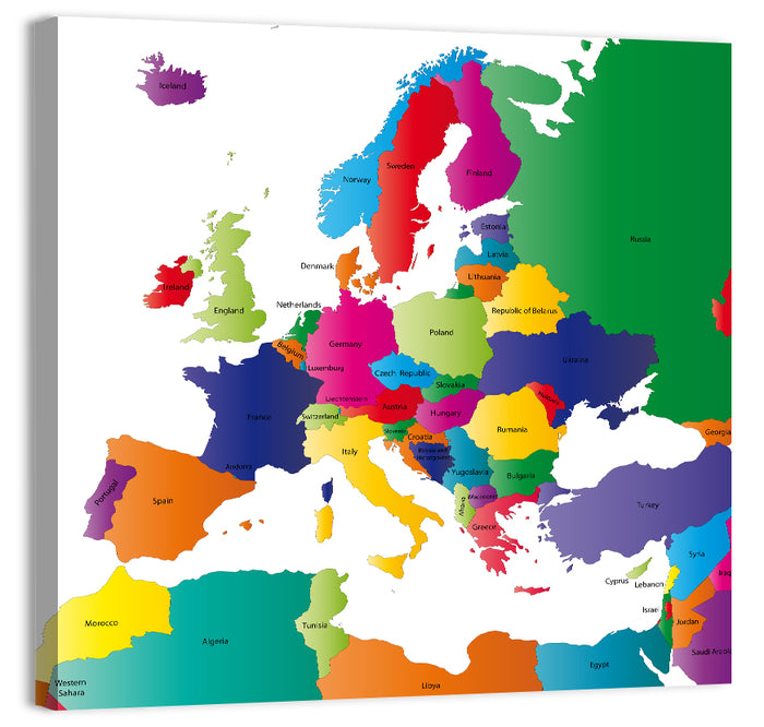 Modern Coloured Map of Europe Wall Art as a canvas print