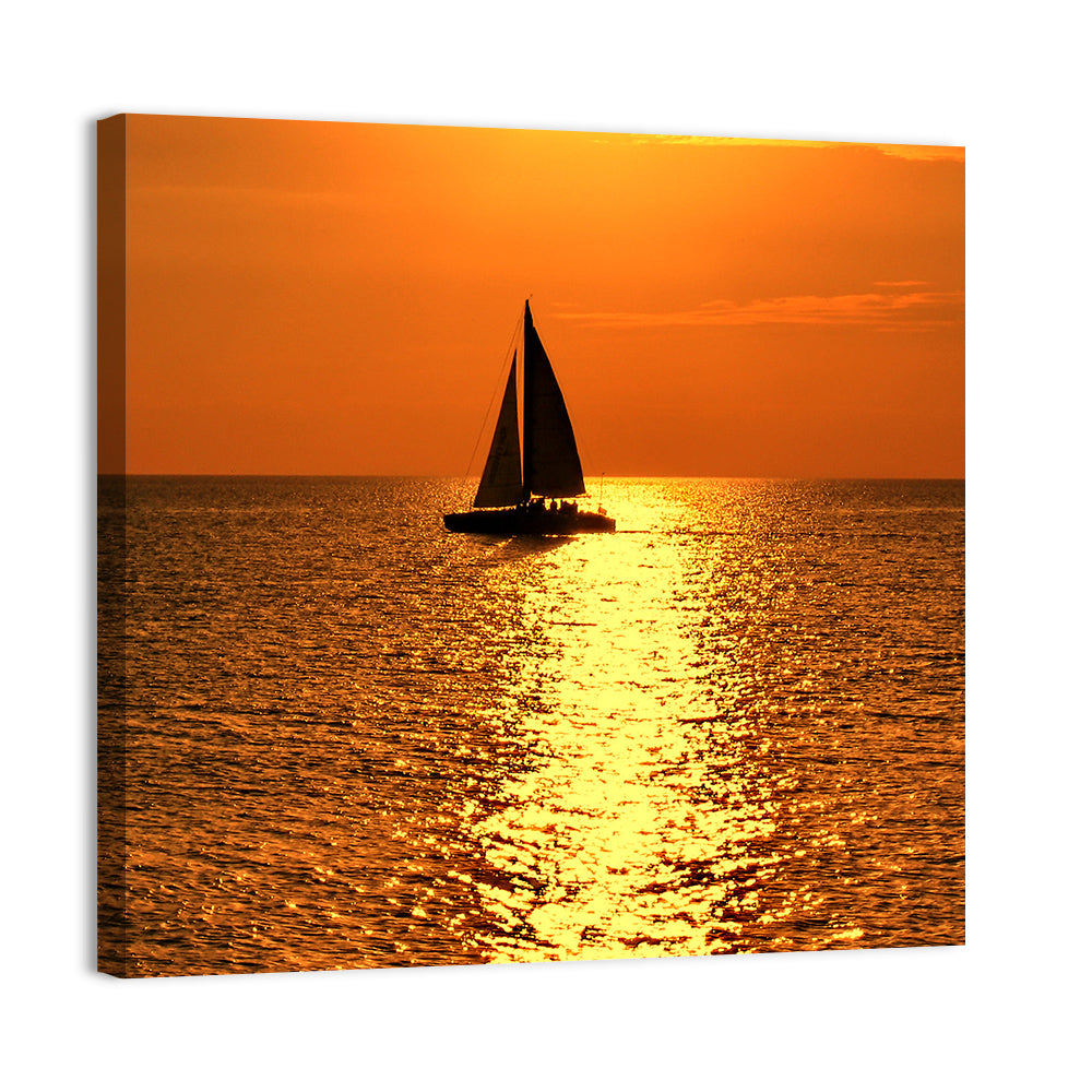 Sailboat Silhouette at Golden Sunset Wall Art