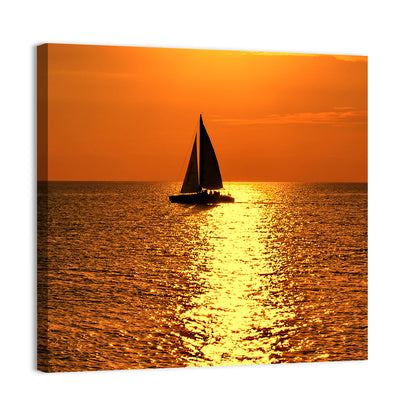 Sailboat Silhouette at Golden Sunset Wall Art