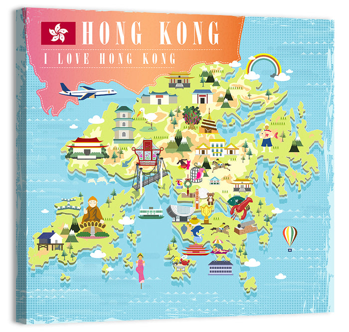 I Love Hong Kong Illustrated Cultural Map Wall Art as a canvas print