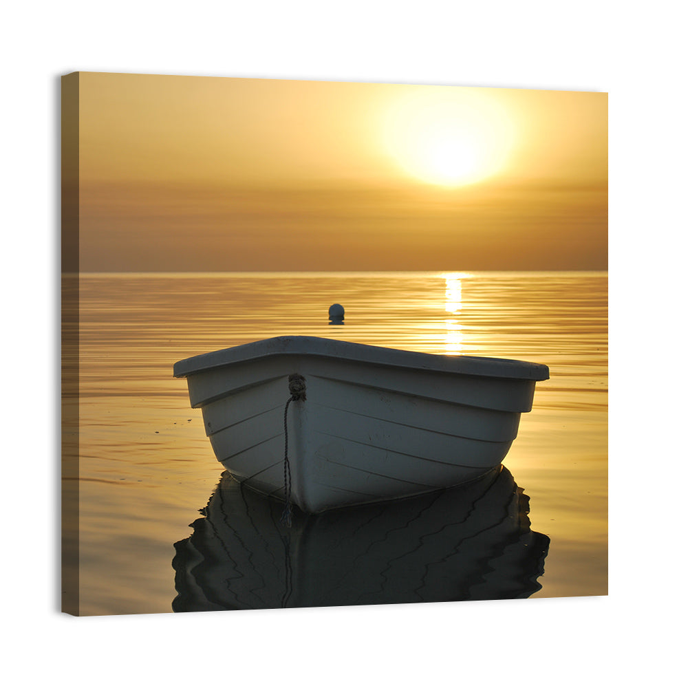 White Rowboat on Golden Sea Wall Art