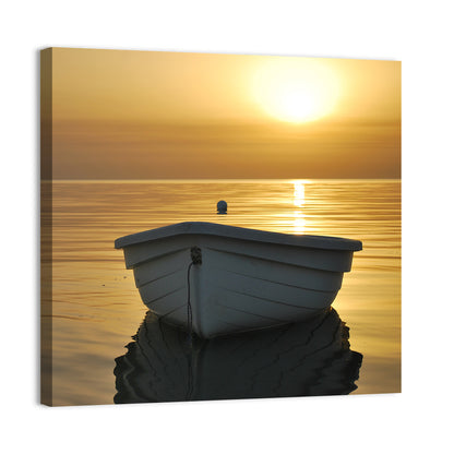 White Rowboat on Golden Sea Wall Art