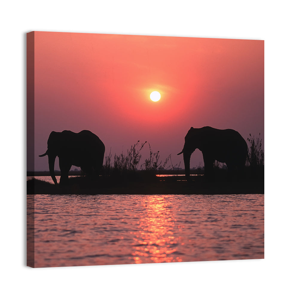 Elephants at Sunset Silhouette Wall Art