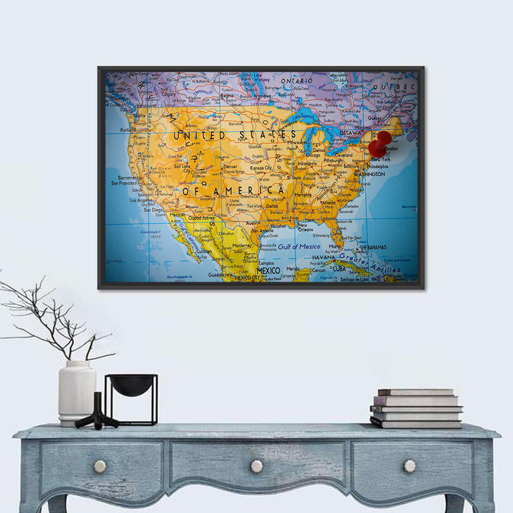 Vintage USA Map with Northeastern Pushpin Wall Art