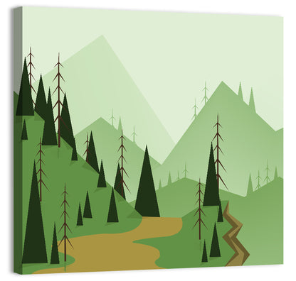 Green Foggy Hills Illustration Wall Art