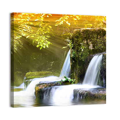Sunlit Forest Waterfall Wall Art