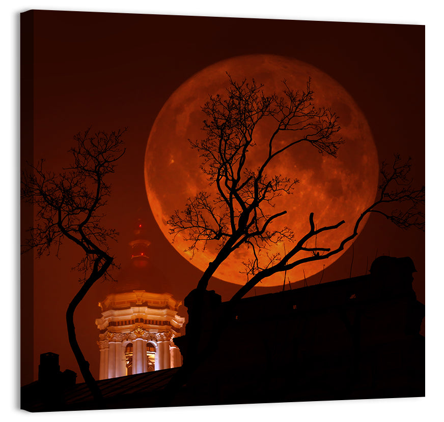Haunted Supermoon Over Church Spire Wall Art