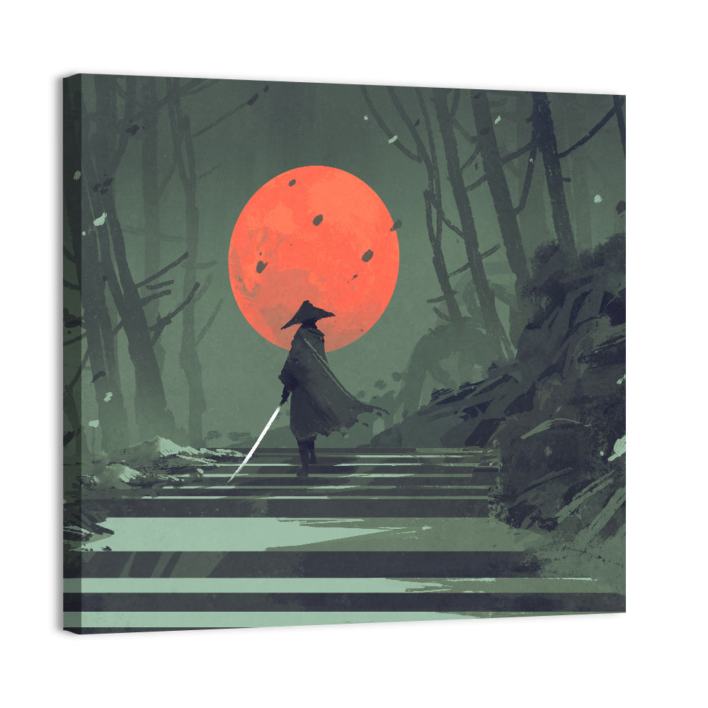 Samurai Under Red Moon Wall Art