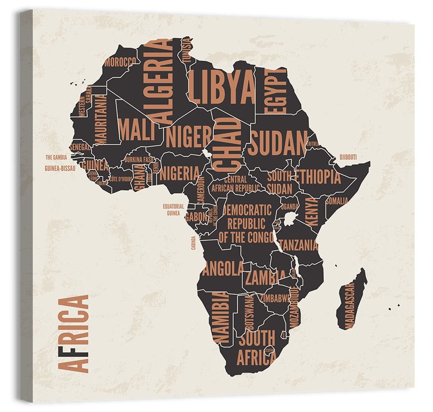 Typographic Africa Map with Country Names Wall Art, canvas print, square