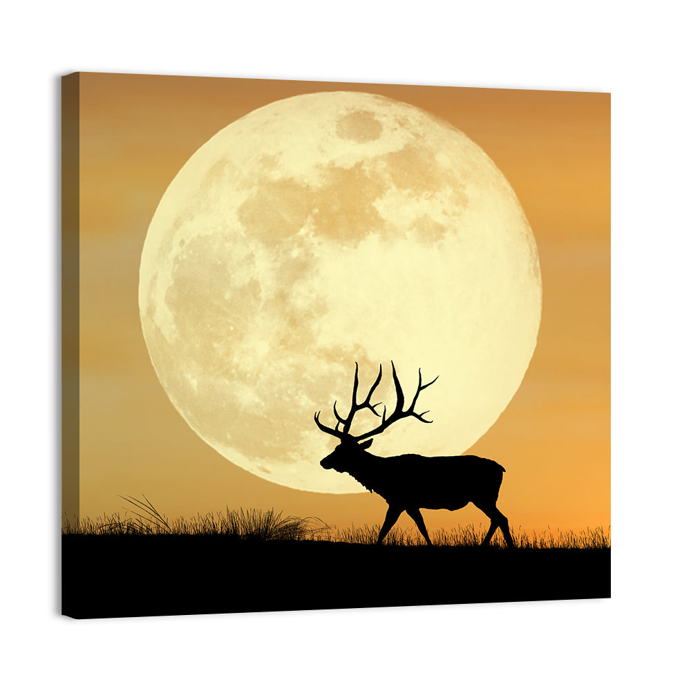 Bull Elk Silhouette Under Supermoon Wall Art