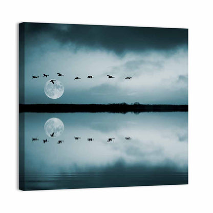 Moonlit Flock Over Lake Wall Art