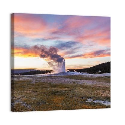 Old Faithful Erupting at Sunset Wall Art