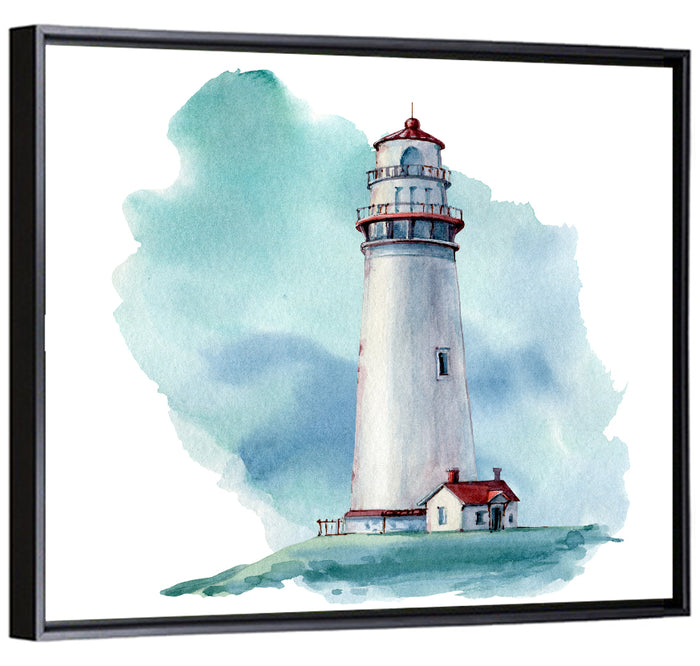 Red Roof Lighthouse Watercolor Wall Art as a framed canvas