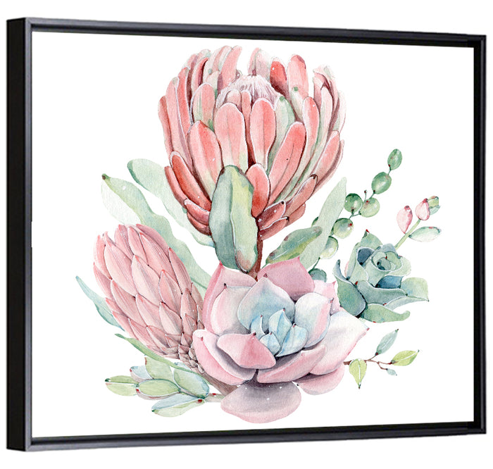 Pink Protea Succulent Bouquet Wall Art as a framed canvas