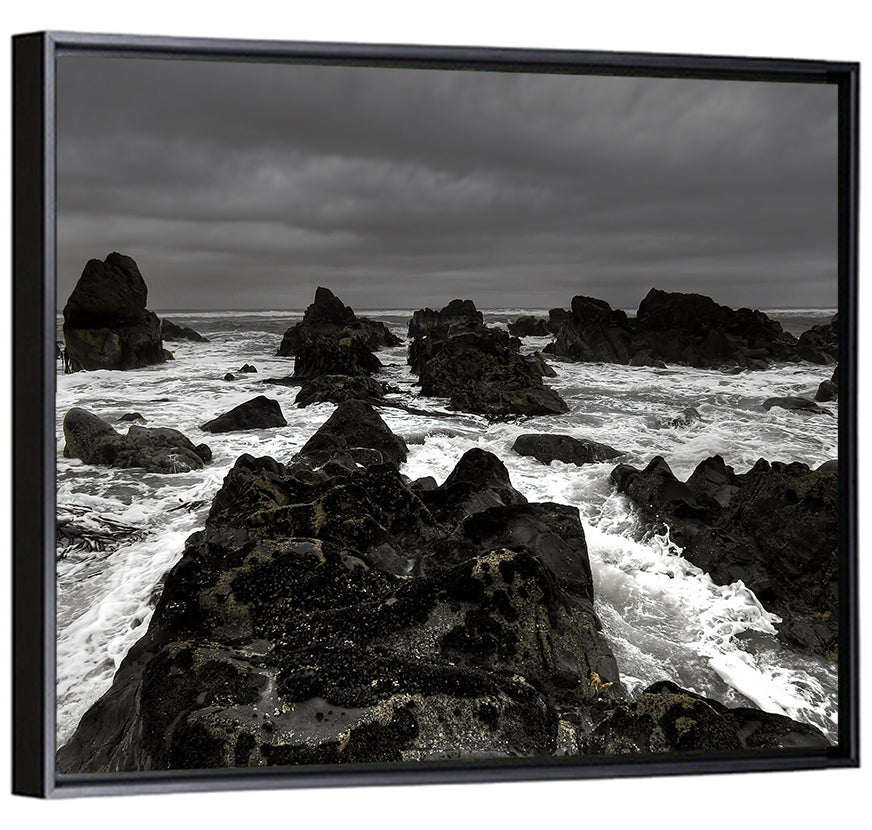 Moody Black and White Rocky Coast Waves Wall Art
