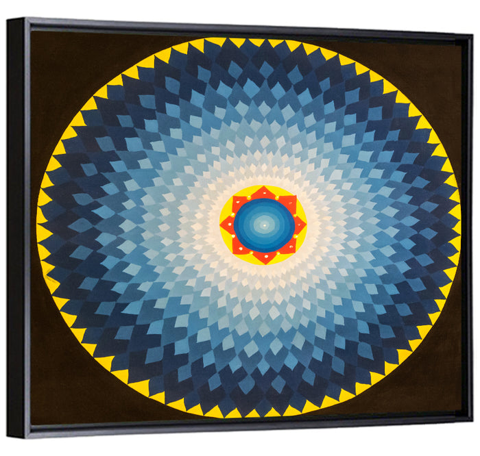 Radiant Blue Sunburst Mandala Wall Art as a framed canvas