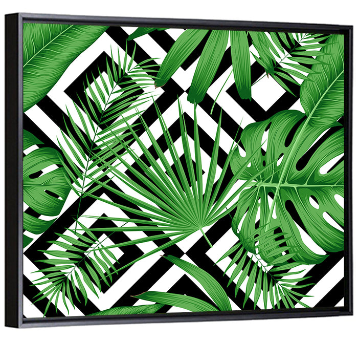 Tropical Geometric Leaves Pattern Wall Art as a framed canvas