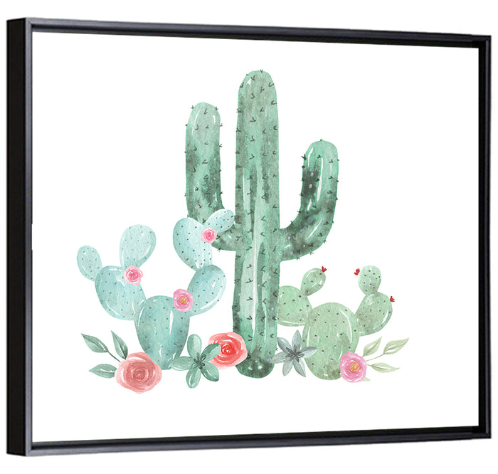 Watercolor Cactus Bouquet Wall Art as a framed canvas