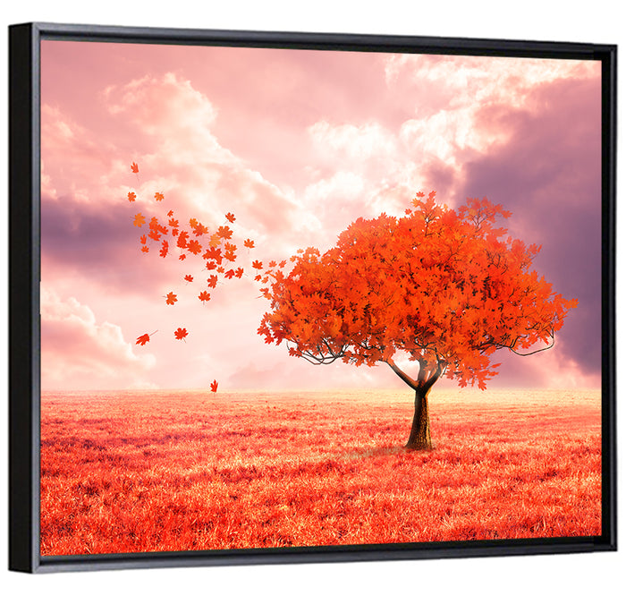 Windblown Red Autumn Tree Wall Art as a framed canvas