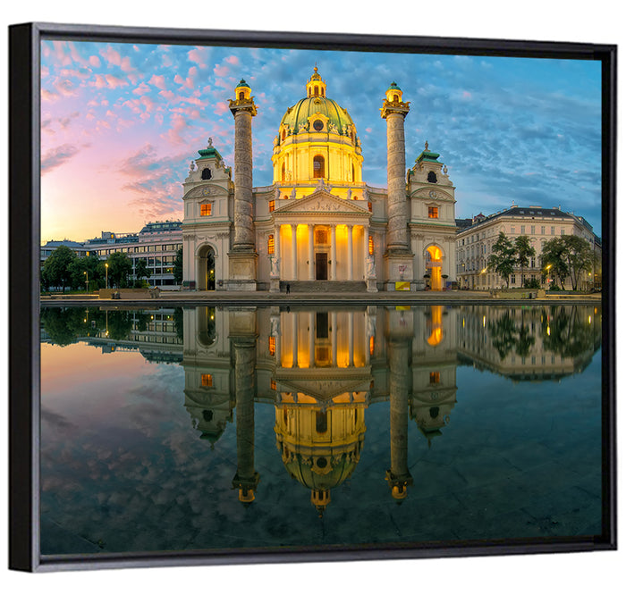 Karlskirche Golden Hour Reflection Wall Art as a framed canvas