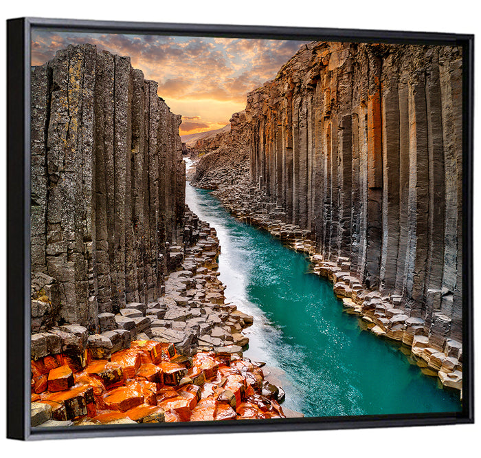 Stuðlagil Canyon Basalt Columns at Golden Hour Wall Art as a framed canvas