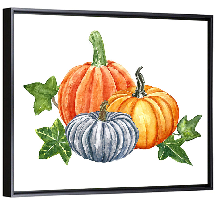 Festive Pumpkin Trio Watercolor Wall Art as a framed canvas