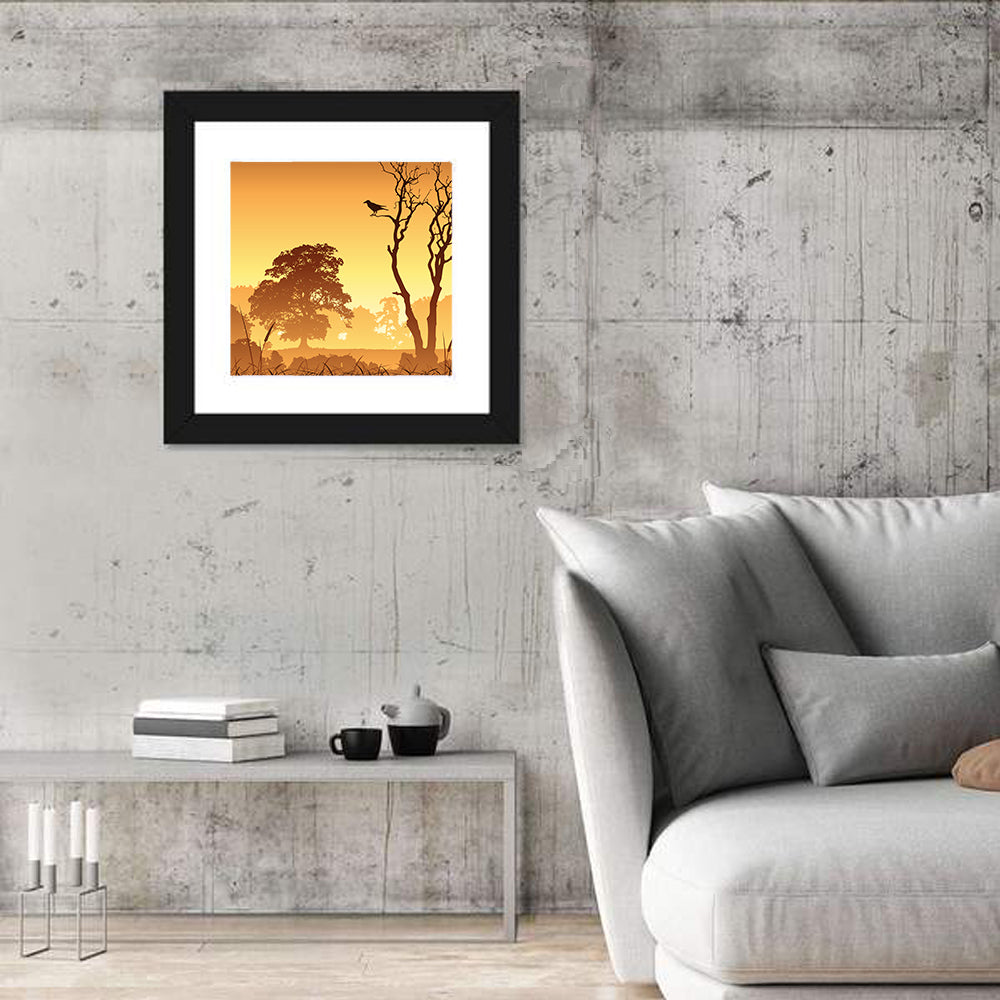 Golden Mist Tree Silhouettes with Crow Wall Art in a room, square