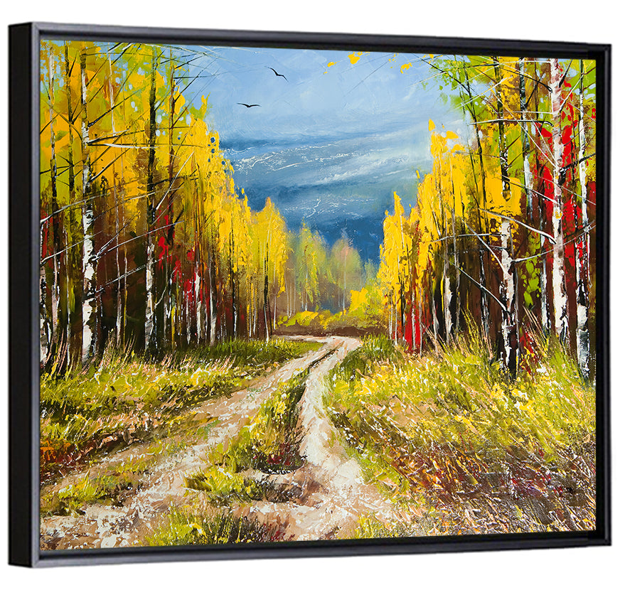 Autumn Birch Path with Two Birds Wall Art