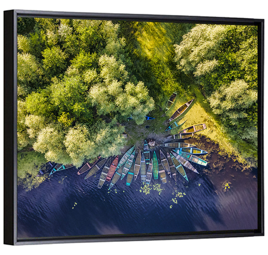Cluster of Boats Along Forest Shore Wall Art