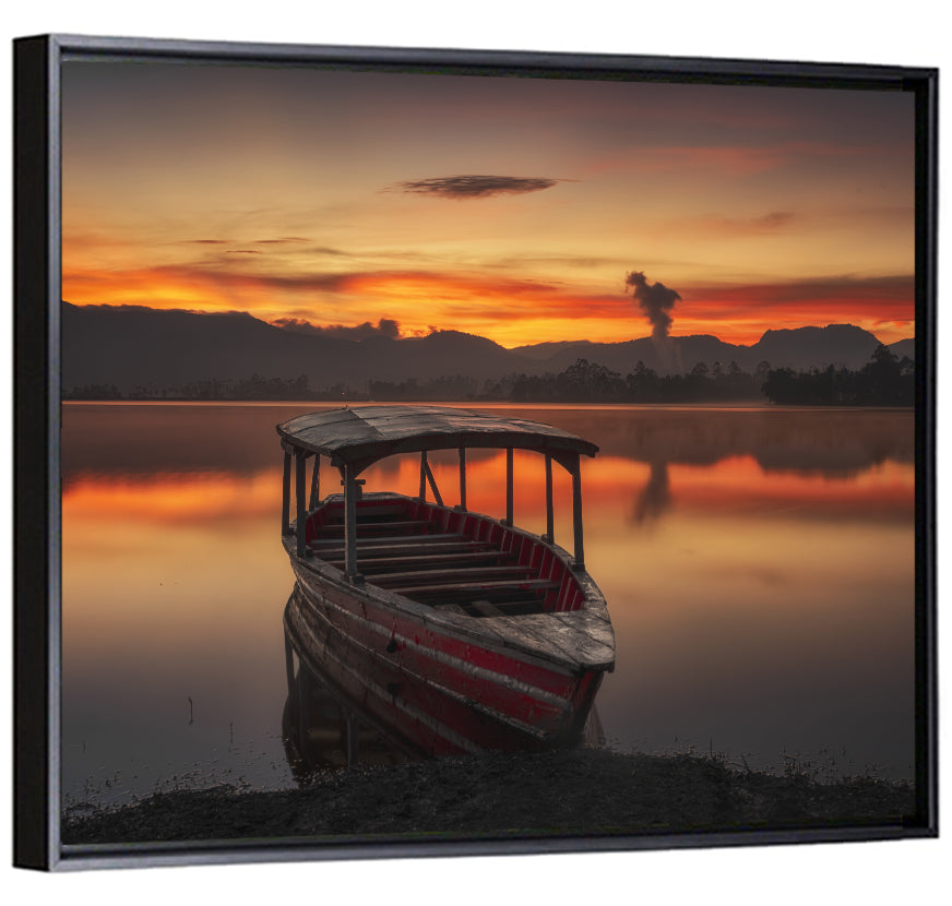 Sunset Fishing Boat on Calm Lake Wall Art