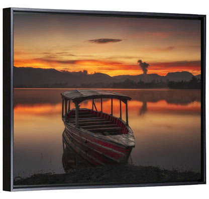 Sunset Fishing Boat on Calm Lake Wall Art