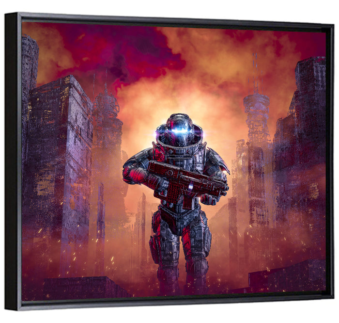 Glowing Visor Cyberpunk Soldier Wall Art as a framed canvas