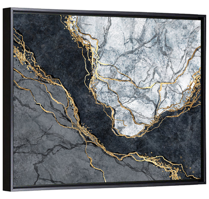 Black Stream Golden Veins Abstract Wall Art as a framed canvas