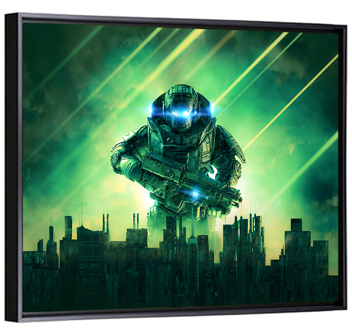 Towering Sci Fi Warrior Wall Art as a framed canvas