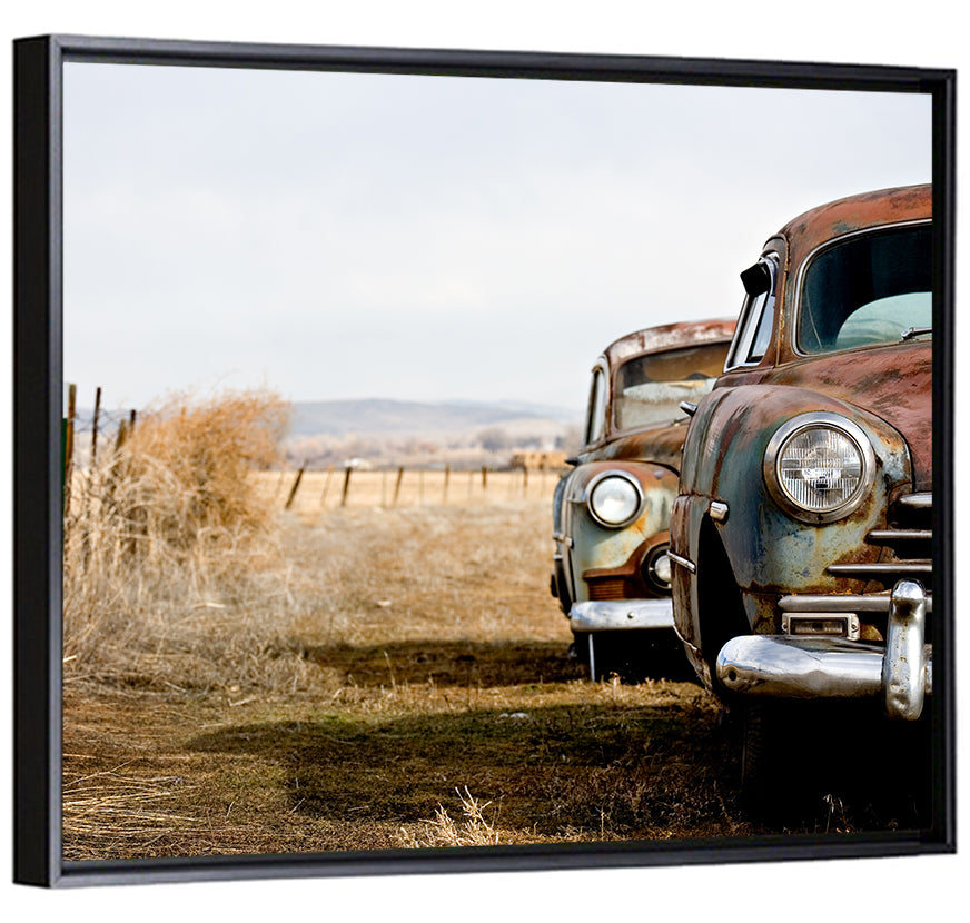 Abandoned Rusty Vintage Cars Behind Barbed Wire Wall Art