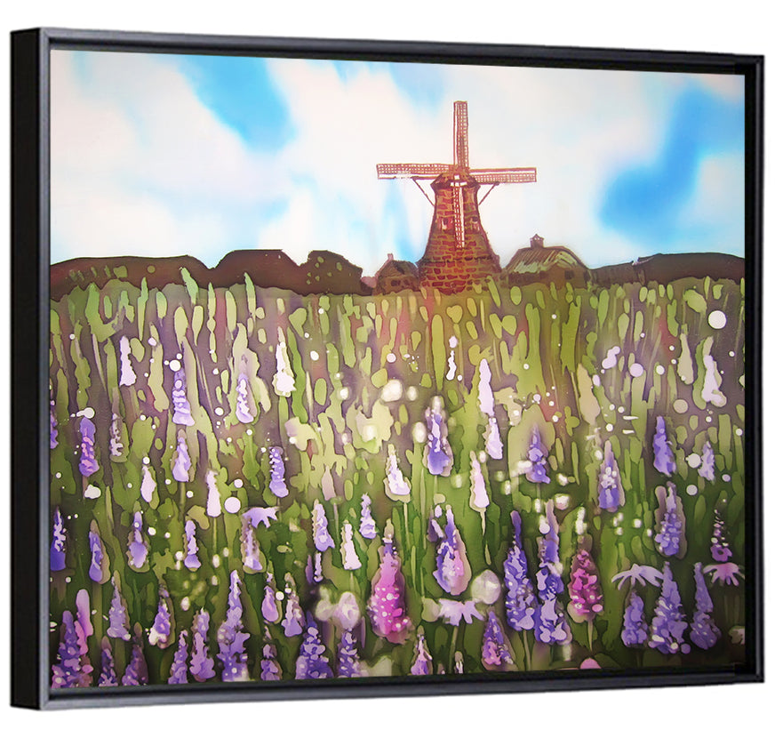 Ink Wash Windmill in Blooming Field Wall Art