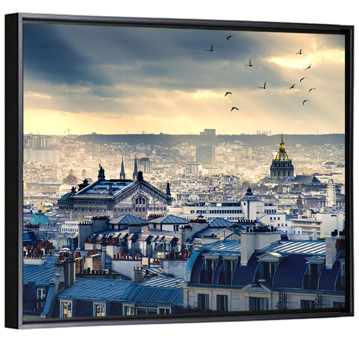 Paris Rooftops Under Dramatic Clouds Wall Art as a framed canvas
