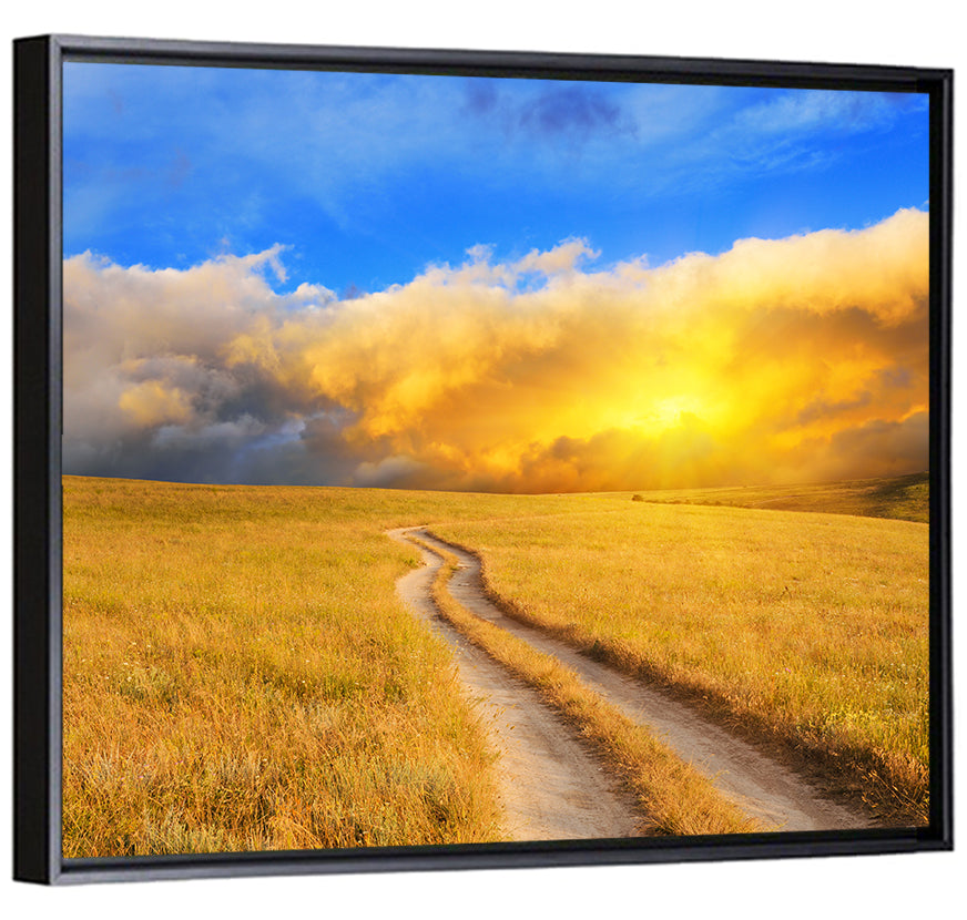 Sunlit Meadow Path with Dramatic Clouds Wall Art