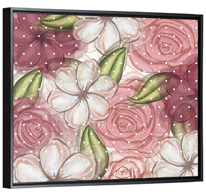 Vintage Floral Pattern with Polka Dots Wall Art as a framed canvas