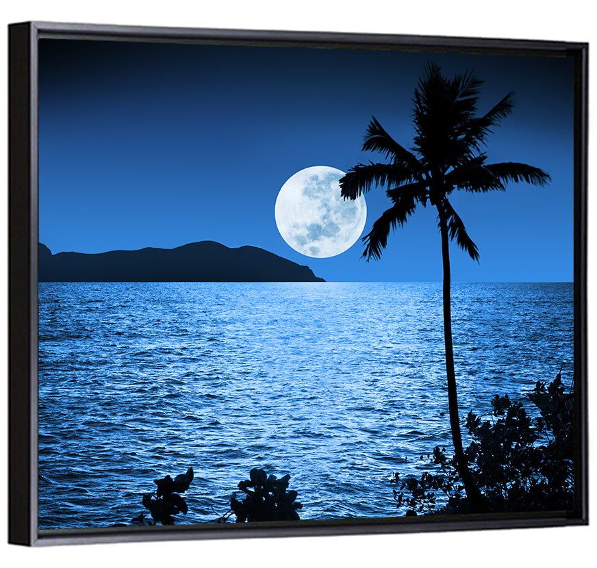 Moonlit Tropical Shore Silhouette Wall Art