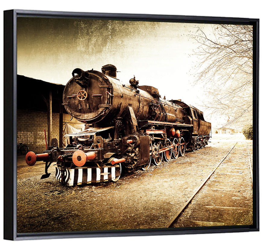 Sepia Steam Locomotive on Rusted Tracks Wall Art