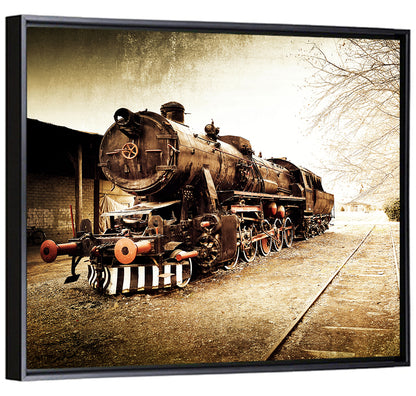 Sepia Steam Locomotive on Rusted Tracks Wall Art