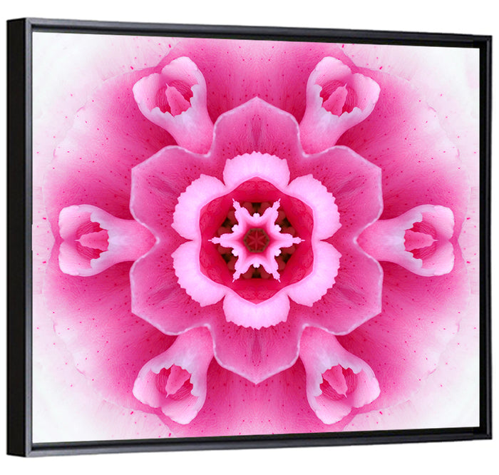 Pink Carnation Kaleidoscope Mandala Wall Art as a framed canvas